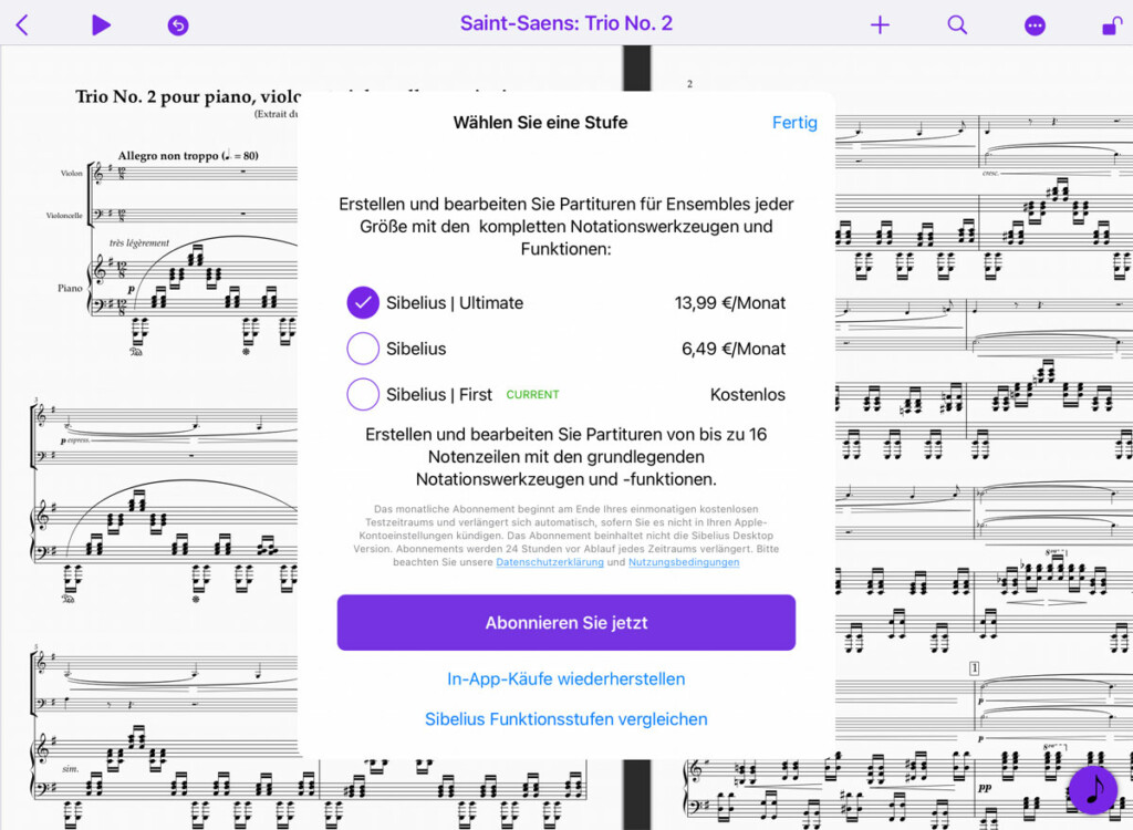 Erwerben Sie eine Sibelius für Mobil Lizenz im Apple App Store